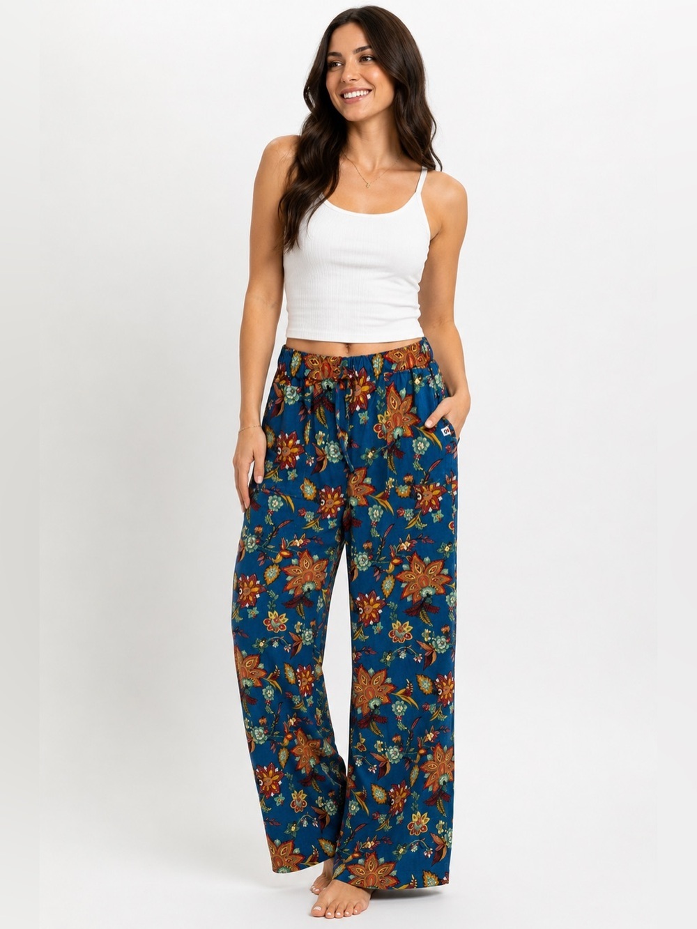 WORTH Blue Floral Boho Pull On Pants Elastic Waist Resort Wide Leg  M